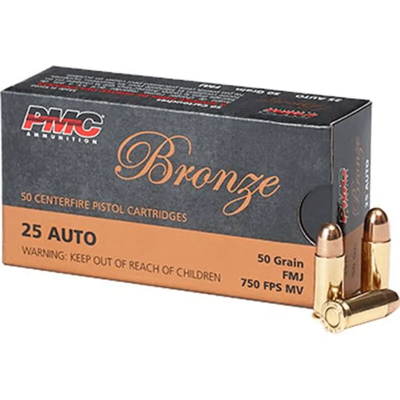 Bronze 50 Grain FMJ 25 ACP FMJ Ammo 50 Rounds