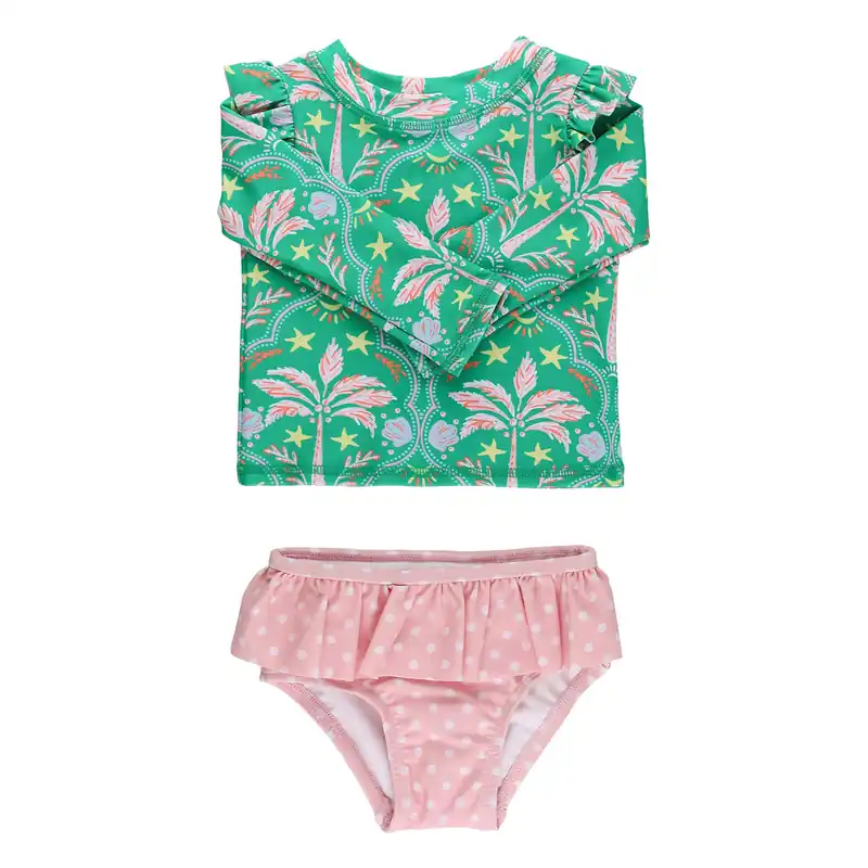 Flutter Rash Guard Skirted Long-Sleeve Swimsuit(2 Piece) - Girls‘