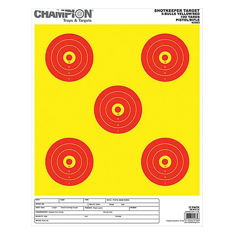 Champion 45563 ShotKeeper 5 Bull 100 Yard Target Large Yellow/Red 12 Pack