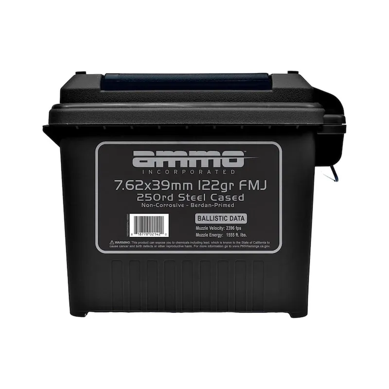 Ammo Inc. Ammunition 7.62x39mm 122 Grain Bi-Metal Full Metal Jacket Steel Case Berdan Primed Ammo Can of 250 Bulk