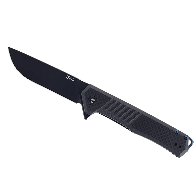 Tekto F1 Alpha Folding Black/Blue G10/Carbon Fiber D2 Plain Black Blade 7.78"