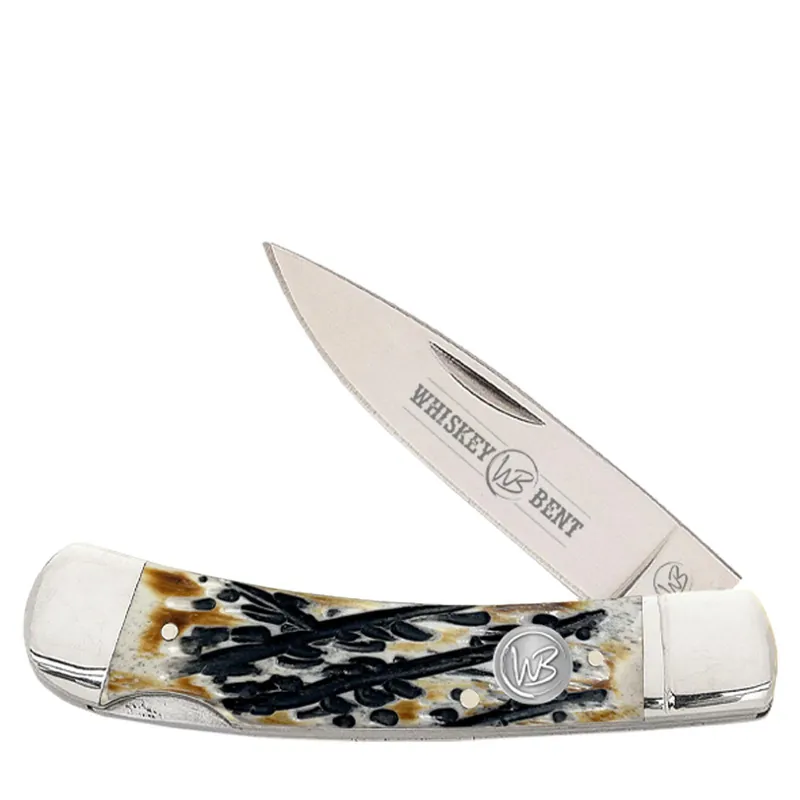 Whiskey Bent Carved Burnt Bone Lock Blade Traditional Pocket Knife