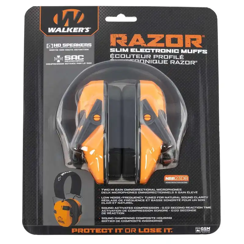 Walker‘s Razor Slim Electronic Muff Polymer 23 dB Over the Head Blaze Orange Ear Cups Adult