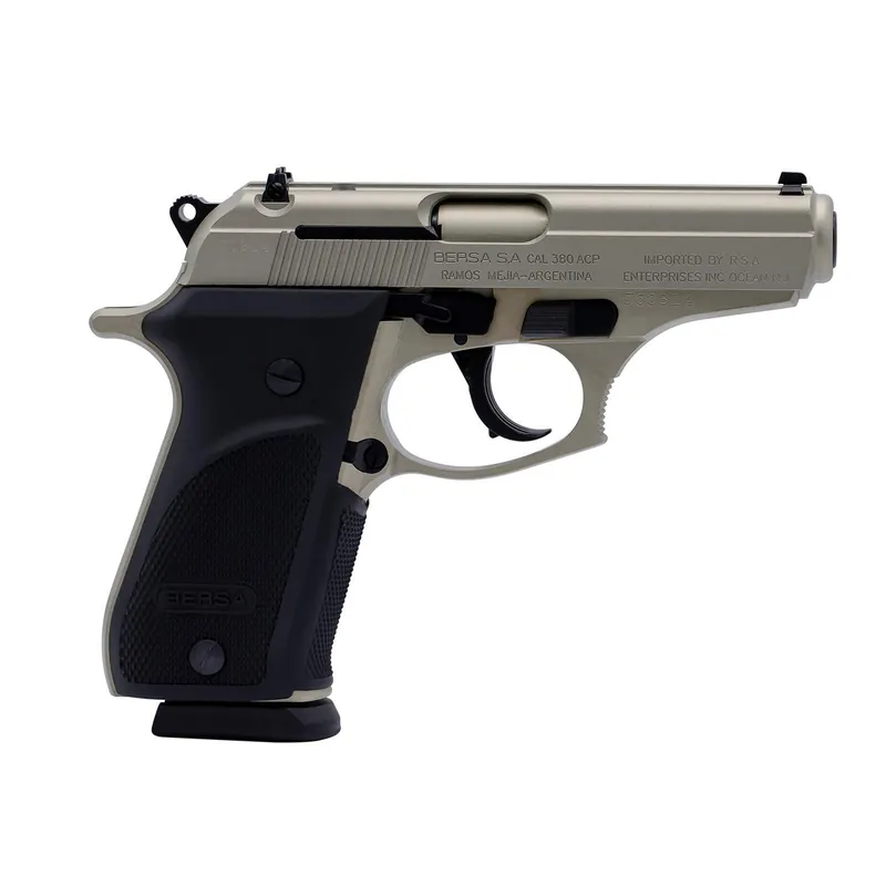 Bersa THUN380PNKL15 Thunder Plus Sub-Compact Frame 380 ACP 15+1, 3.50" Nickel Steel Barrel, Nickel Cerakote Serrated Steel Slide, Nickel Cerakote Aluminum Frame w/Beavertail, Black Rubber Grip