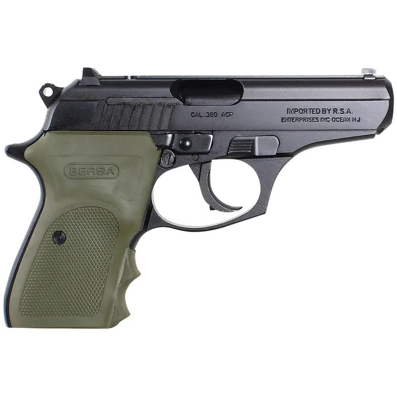 Bersa T380MC Thunder Combat Micro-Compact Frame 380 ACP 8+1, 3.50" Black Steel Barrel, Matte Black Serrated Steel Slide & Aluminum Frame w/Beavertail, Olive Wrap-Around Grip