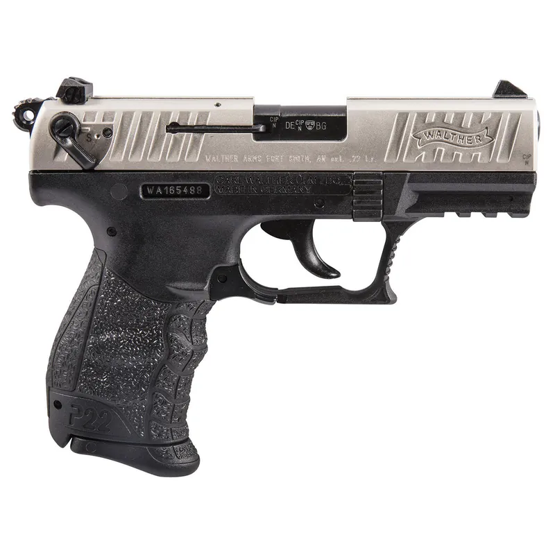 Walther Arms 5120336 P22 *CA Compliant 22 LR 10+1 3.42" Nickel Serrated/Steel Slide, Black Polymer Frame w/Picatinny Rail, Black Interchangeable Backstrap Grips