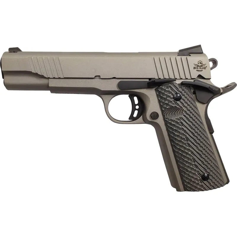 Rock Island 56419 Rock Standard FS *CA Compliant 45 ACP Caliber with 5" Barrel, 8+1 Capacity, Overall Gun Metal Gray Cerakote Finish Steel, Beavertail Frame, Serrated Slide & Black G10 Grip