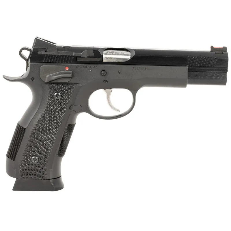 CZ-USA 91732 A01-SD 9mm Luger 19+1 4.93" Blued Match Grade Bull Barrel, Blued Optic Ready/Serrated Steel Slide, Blued Steel Frame w/Beavertail, Black Checkered Polymer Grip