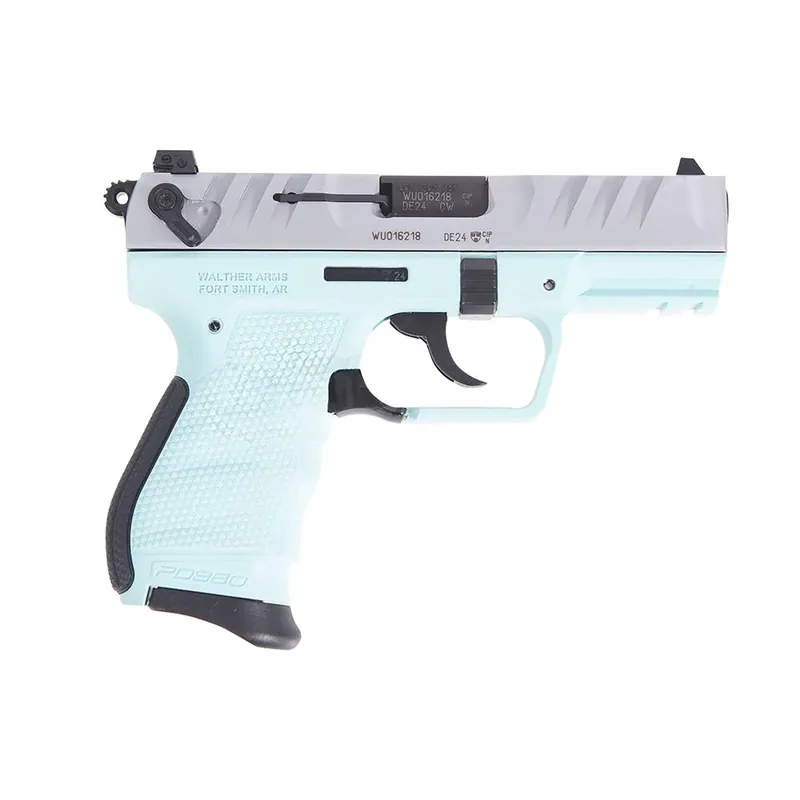 Walther Arms 5050525 PD380 380 ACP 9+1 3.70" Black Steel Barrel, Nickel Serrated Steel Slide, Angel Blue Polymer Frame, Textured Wraparound Grip