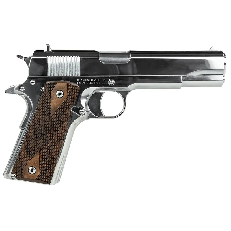 Tisas 10100513 1911 Regulator Full Size Frame 9mm Luger/38 Super 9+1 5" Stainless Steel Barrel, Polished Chrome Steel Serrated Slide, Chrome High Polished Steel Frame w/Beavertail, Turkish Walnut Grip