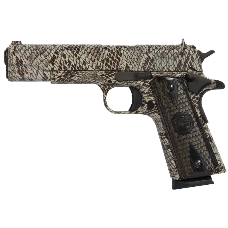 Iver Johnson Arms 1911A1COPPERHEAD 1911 A1 Copperhead 45 ACP 8+1 5" Black Steel Barrel, Tan Snakeskin Hydrographic Serrated Steel Slide & Frame w/Beavertail, Black Snakeskin Diamondwood Grip