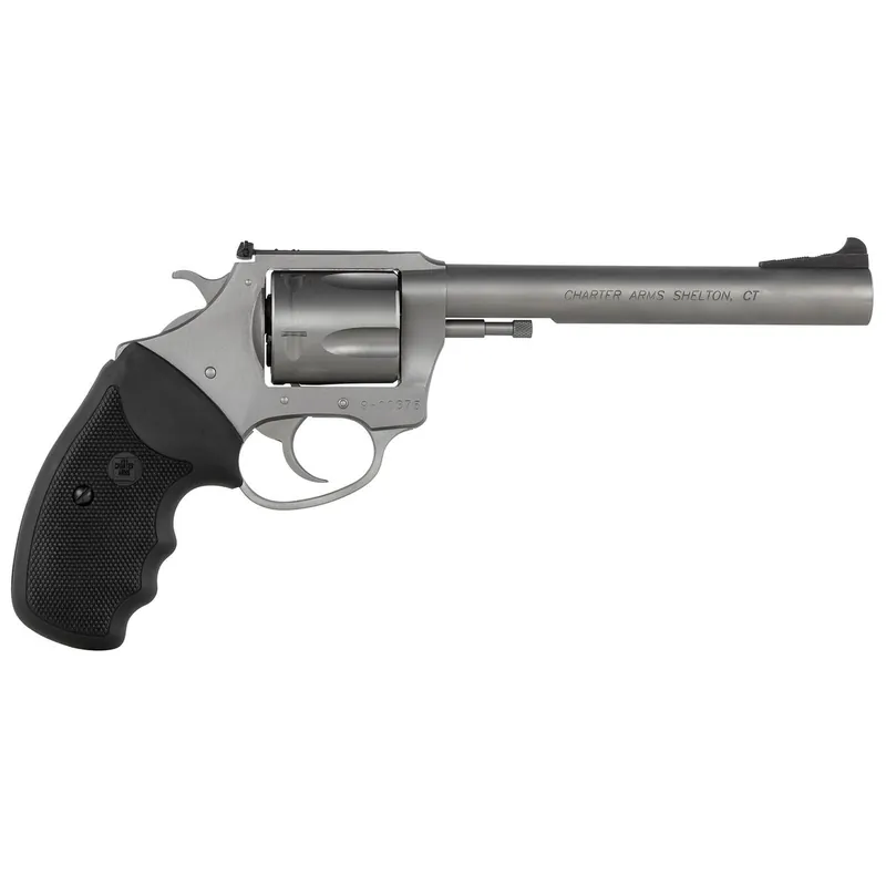 Charter Arms 74460 Bulldog Target Large 44 Special, 5 Shot 6" Matte Stainless Steel Barrel, Cylinder & Frame w/Black Finger Grooved Rubber Grip
