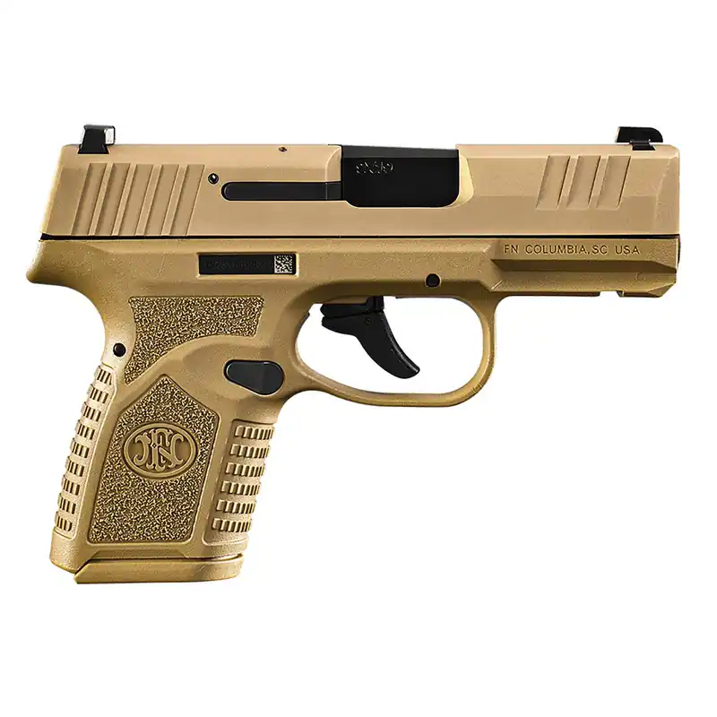 FN 66101413 Reflex Micro-Compact Frame 9mm Luger 10+1, 3.30" Black Target Crown Steel Barrel, Flat Dark Earth PVD Serrated Steel Slide, Flat Dark Earth Polymer Frame w/Picatinny Rail, Ambidextrous