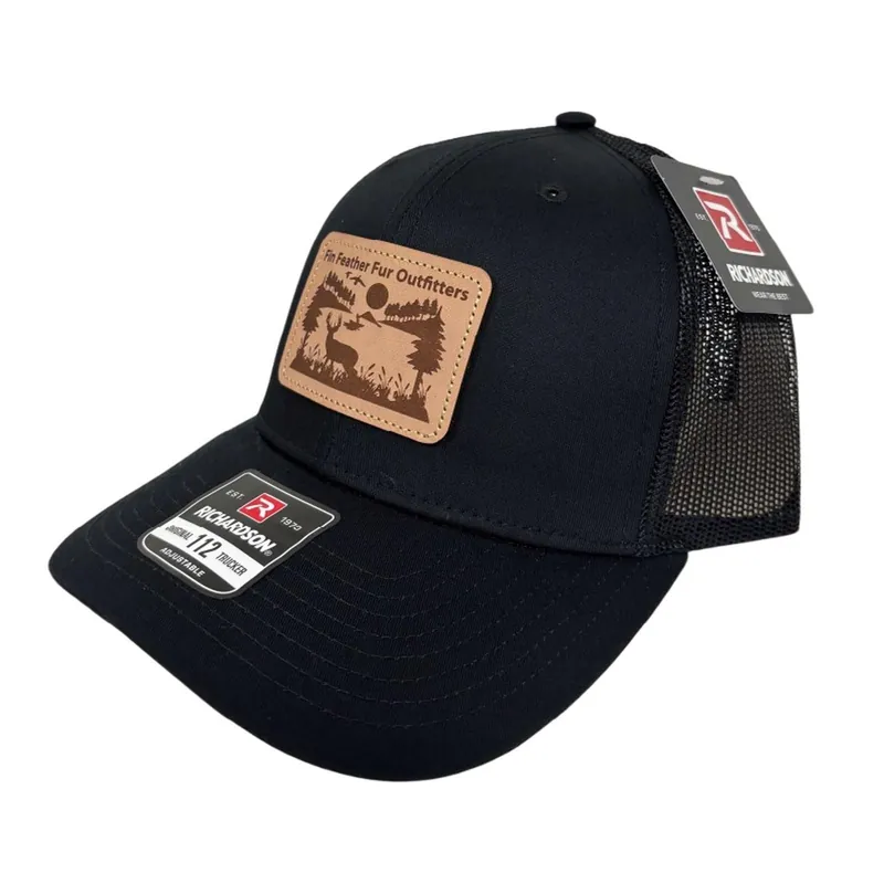 Fin Feather Fur Deer Scene Applique Etched Leather Black Snapback