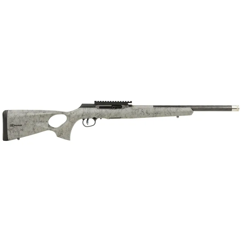 Savage Arms 47253 A Series TimberLite 22LR 10+1 18" Black Threaded Carbon Fiber/SS Barrel, Black Picatinny Rail Steel Receiver, Gray w/Black Webbing Synthetic Fixed Thumbhole Stock