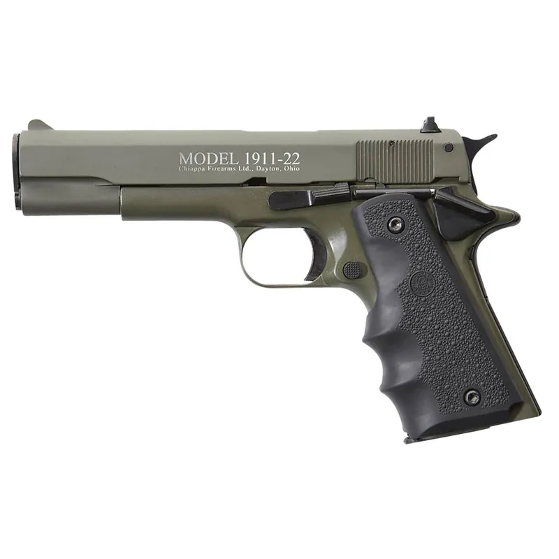 Chiappa Firearms 401121 1911-22 22 LR 10+1 5" OD Green Serrated Steel Slide & Beavertail Frame, Black Hogue Rubber w/Finger Grooves Grip