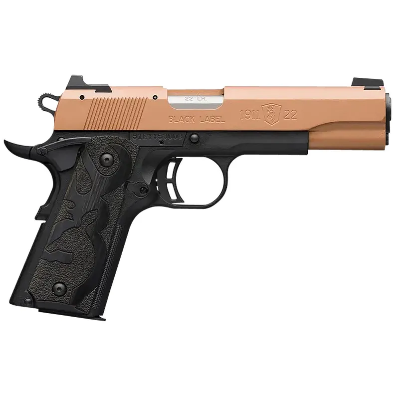Browning 051895490 1911 Black Label Full Size Frame 22 LR 10+1, 4.25" Matte Stainless Steel Barrel, Copper Cerakote Serrated Slide, Matte Black Polymer Frame w/Beavertail, Black Laminate Wood Grip