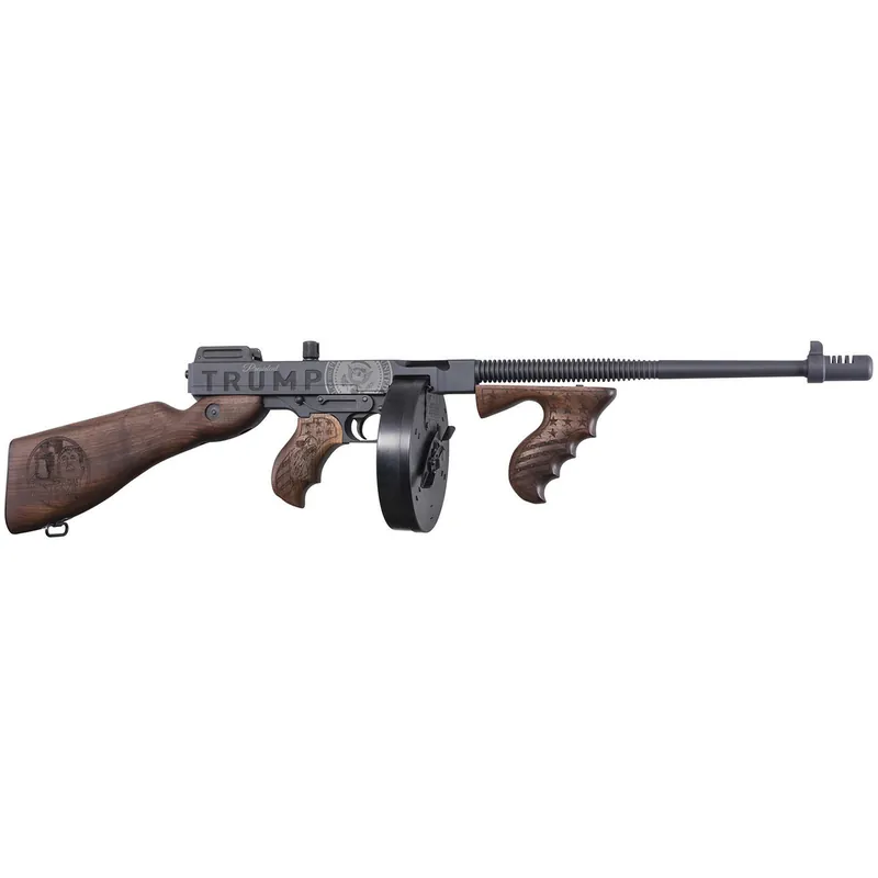 Thompson T1-14-50DC2 1927A-1 Deluxe 45 ACP 16.50" 20+1 (Stick), 50+1 (Drum), Trump Save America Engraved, Sniper Gray/Black Finish, American Walnut Furniture, Compensator