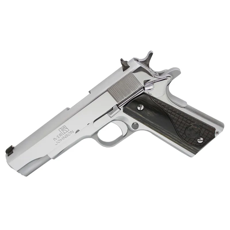 Iver Johnson Arms 1911A138CHRW 1911 A1 Government 70 Series 38 Super 9+1 5" Bright Polish Chrome Serrated Steel Slide & Frame w/Beavertail, Black Dual Textured Diamondwood Grip, Right Hand