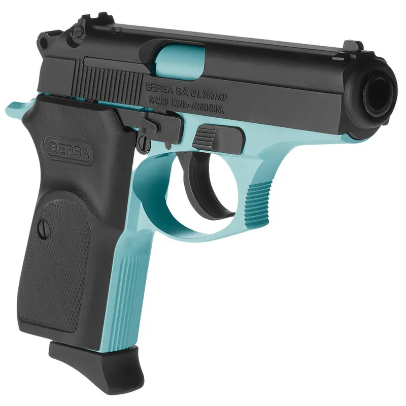 Bersa T380BLM8 Thunder Micro-Compact Frame 380 ACP 8+1, 3.50" Robin Egg Blue Cerakote Steel Barrel, Matte Black Serrated Steel Slide, Robin Egg Blue Cerakote Aluminum Frame