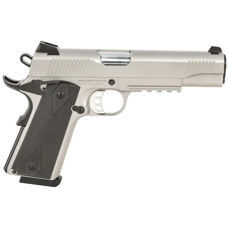 Tisas 10100533 1911 Duty 45 ACP 8+1 5" Black Steel Barrel, Stainless Serrated Slide, Satin Stainless Steel Frame w/Accessory Rail & Beavertail, Ambidextrous