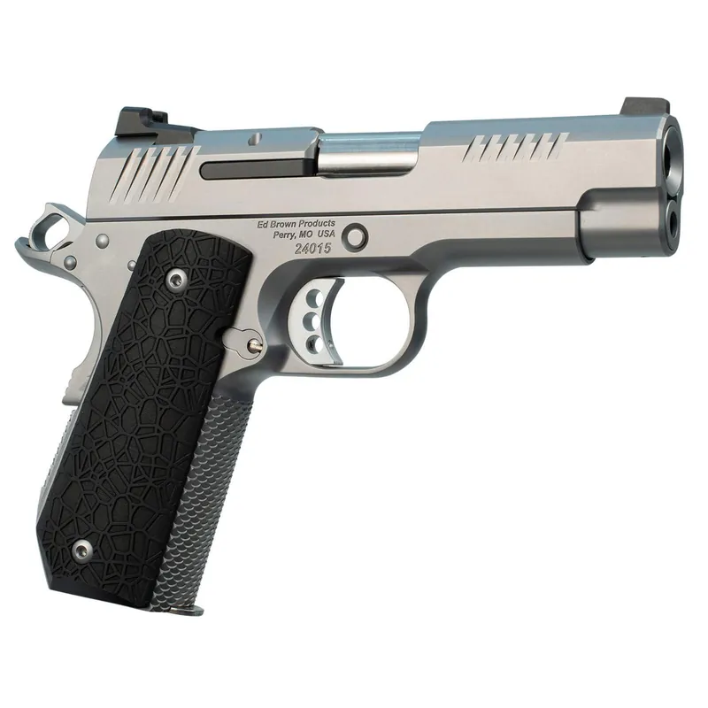 Ed Brown EVOKC9 1911 EVO KC9 9mm Luger 9+1 4" Barrel, Snakeskin Serrated Stainless Steel Bobtail Frame, Serrated Slide w/Recessed Slide Stop, Black G10 Grip