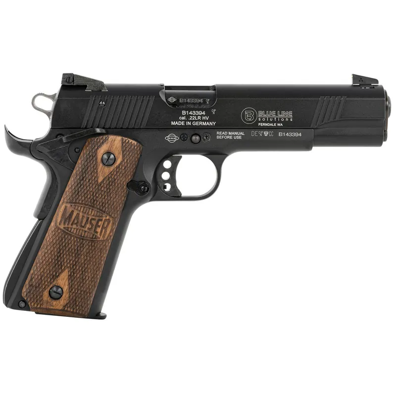 Mauser Rimfire 4110605 1911 22 LR 10+1 5" Black Steel Barrel, Black Aluminum Slide, Black Aluminum Frame w/Beavertail, Walnut Grip, Ambidextrous