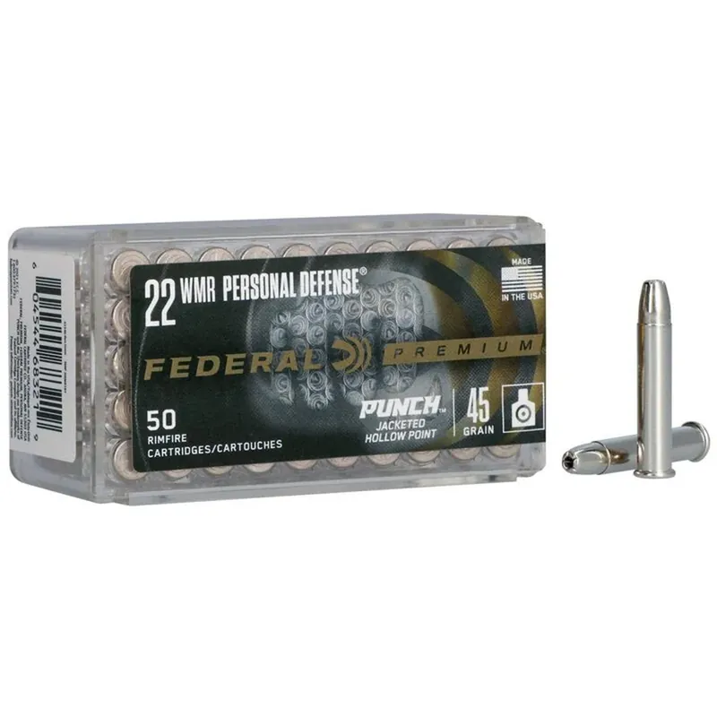 Federal Personal Defense Punch Rimfir, 22 WMR, 45 Grain Punch Jacket Hollow Point 1000 fps 50 Rounds