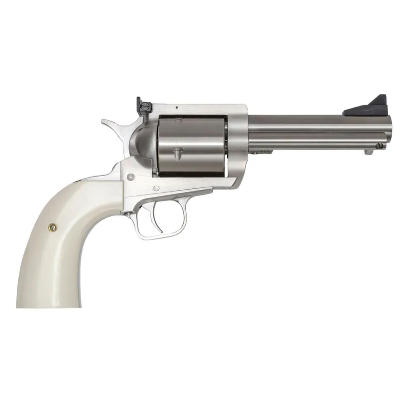 Magnum Research BFR44MAG5B6 BFR Short Cylinder 44 Rem Mag 6 Shot, 5" Brushed Stainless Steel Barrel, Cylinder & Frame, White Polymer Grip, Hammer Safety, Exposed Hammer