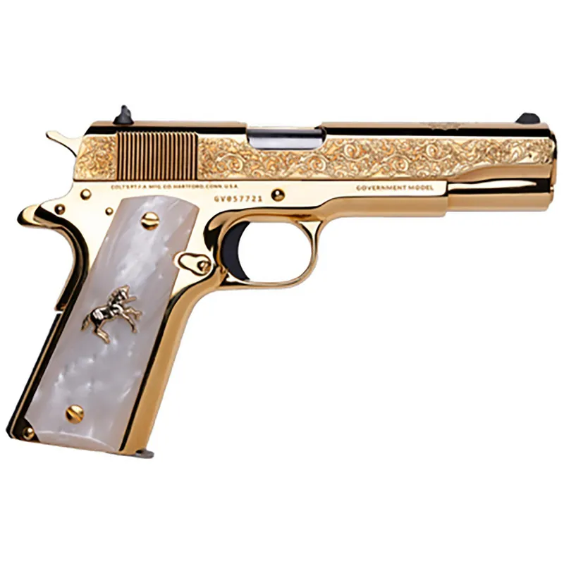 Cnc Firearms CNCELRANCH Colt 1911 El Ranchero 38 Super 7+1 5" Stainless Steel Barrel, 24K Gold Plated Serrated w/Engraved Scrollwork Slide, 24K Gold Plated Steel Frame, Mother of Pearl Grip