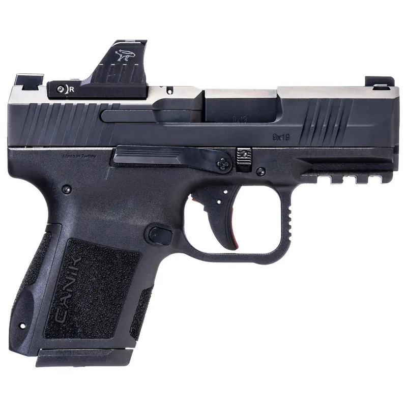 Canik HG7620VN Mete MC9 9mm Luger 15+1, 3.18" Black Steel Barrel, Black Tenifer Cerakote Optic Ready/Serrated Steel Slide, Black Polymer Frame w/Picatinny Rail, MeCanik M01 Red Dot