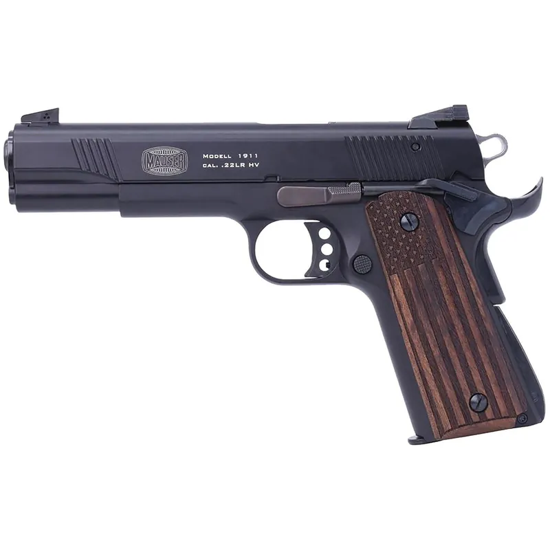Mauser Rimfire 4110608 1911 22 LR 10+1 5" Black Steel Barrel, Black Serrated Aluminum Slide, Black Aluminum Frame w/Beavertail, Molded Wood Flag Grip, Ambidextrous