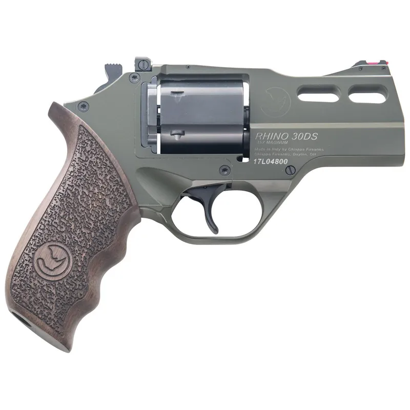 Chiappa Firearms 340285 Rhino 30DS Small Frame 357 Mag 6 Shot 3" Green Cerakote Steel Vent Rib Barrel, Blued Steel Cylinder, Green Cerakote Aluminum Frame, Walnut Grip, Concealed Hammer