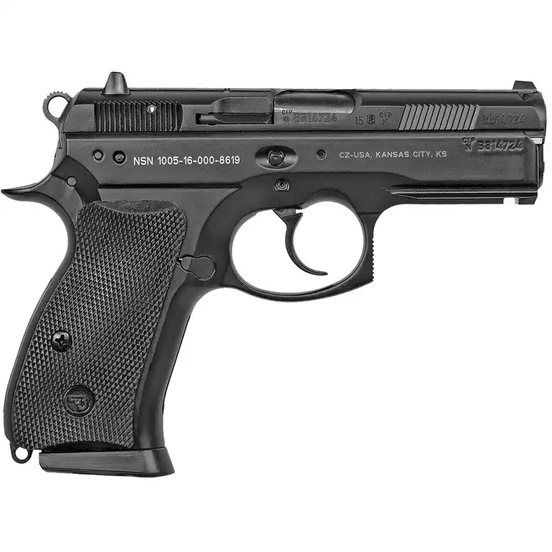CZ-USA 01199 P-01 Compact Compact Frame 9mm Luger 10+1, 3.75" Blued Steel Barrel, Black Serrated Steel Slide, Black Polycoat Aluminum Frame w/Beavertail, Black Rubber Grip