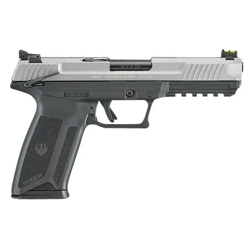 Ruger 16408 Ruger-5.7 Exclusive Finish 5.7x28mm 20+1 4.94" Black Nitride Steel Barrel, Savage Cerakote Serrated Steel Slide, Black Polymer Frame w/Picatinny Rail, Black Polymer Grip, Right Hand