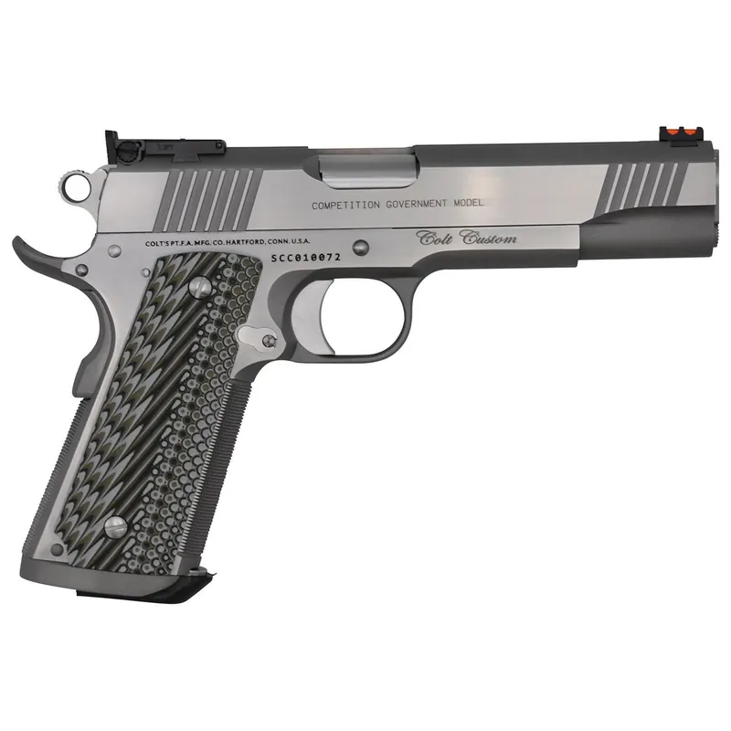 Colt Mfg O1073CS Custom Competition 38 Super 9+1 5" Stainless National Match Barrel, Brushed Stainless Steel Serrated Slide & Frame w/Beavertail, Black G10 Grip, Ambidextrous