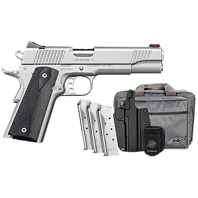 Kimber Mfg.,inc 3200007 Stainless II Club Bundle 45ACP 7+1 5" Satin Silver Front Serrations Stainless Steel Slide Black Synthetic Grip