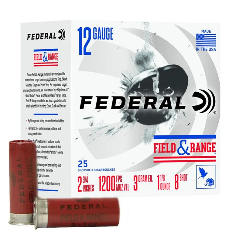 Federal 12 Ga Field and Range 2 3/4 1-1/8oz 8 Shot 3 Dram 25 Rounds