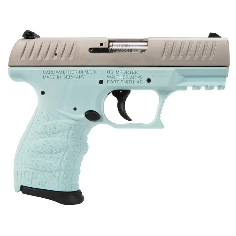 Walther Arms 5083512 CCP M2 + 9mm Luger 8+1 3.54" Barrel, Angel Blue Finish Picatinny Rail Frame, Serrated Sliver Stainless Steel Slide, Finger Grooved Polymer Grip