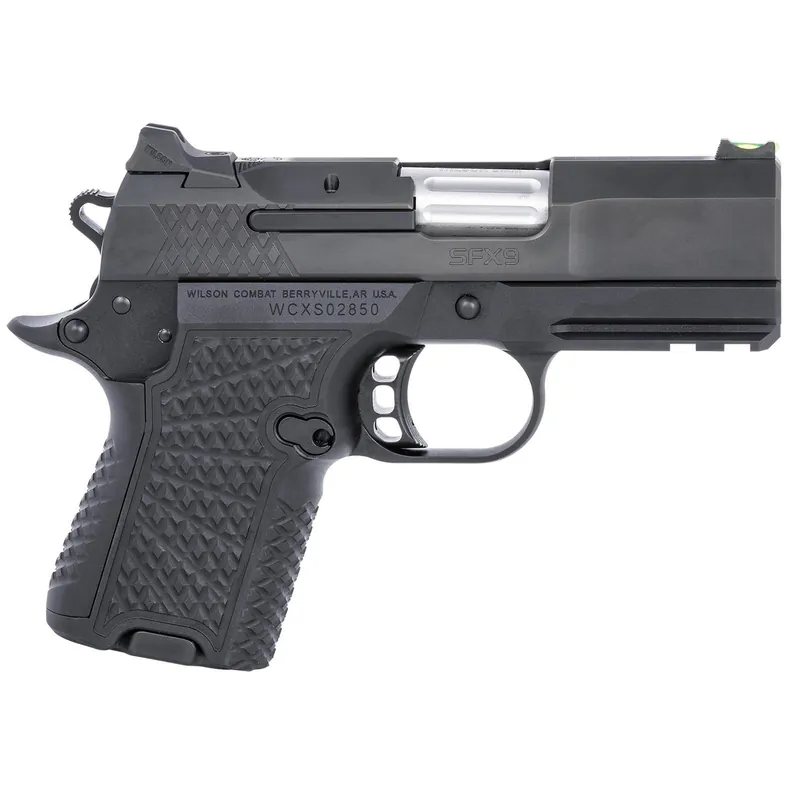 Wilson Combat SFX8SCR3 SFX9 Sub-Compact 9mm Luger 10+1 15+1 3.25" Stainless Steel Barrel, Black DLC Serrated Stainless Steel Slide, Black Aluminum Frame w/Beavertail & Picatinny Rail, Black G10 Grip
