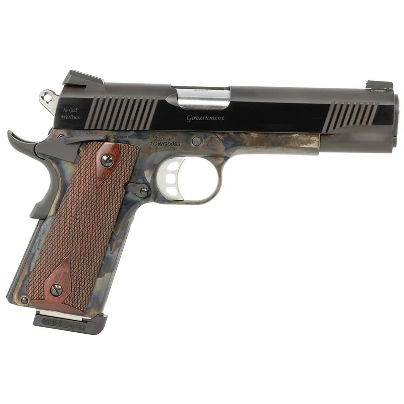 Tyler Gun Works TGWGVCC45 Custom 1911 Government Full Size Frame 45 ACP 7+1 5" Stainless Match Grade Barrel, Blued Serrated Steel Slide, Color Case Steel Frame w/Beavertail, Walnut Grip