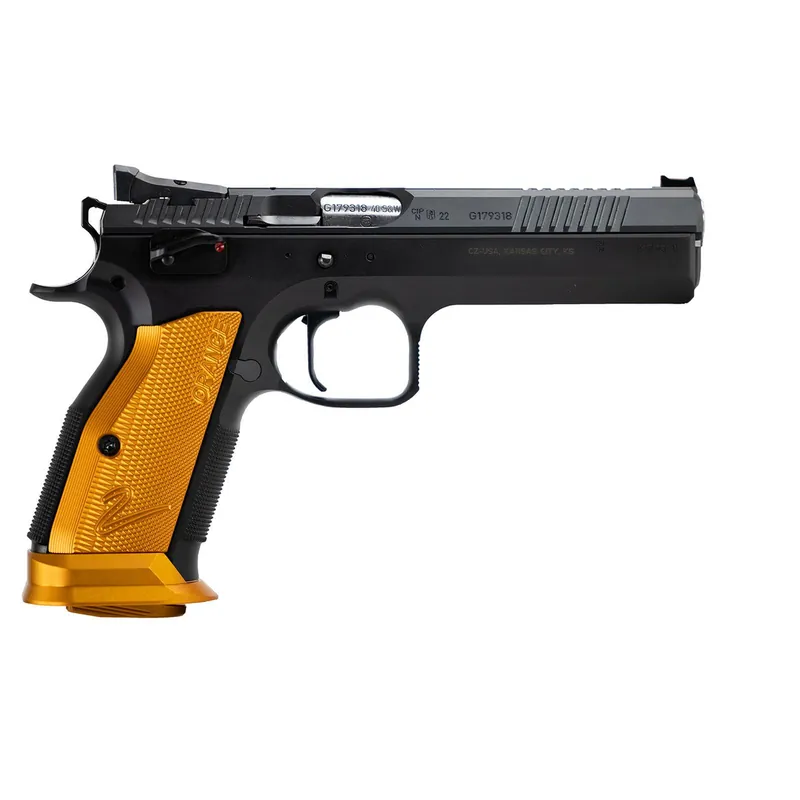 CZ-USA 91265 TS2 40 S&W 17+1 5.20" Black Bull Barrel, Black Slide, Black Polycoat Frame, Orange Checkered Aluminum Grip