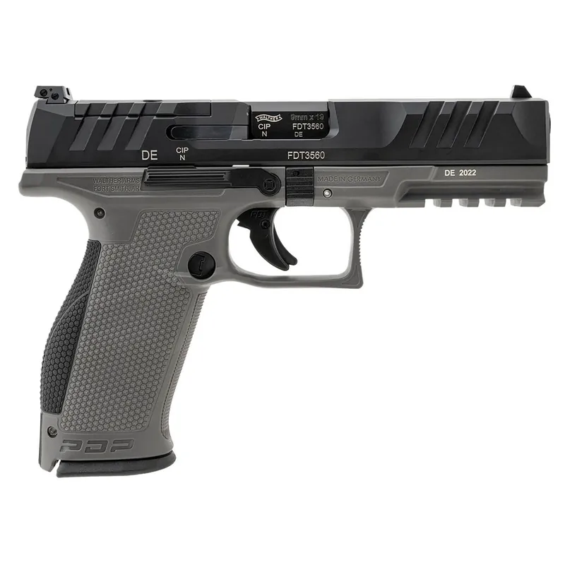 Walther Arms 2858371 PDP 9mm Luger 18+1 4.50" Black Polygonal Rifled Barrel, Black Optic Ready/Serrated Slide, Gray Polymer Frame w/Picatinny Rail, Black Performance Duty Texture Grips, Ambidextrous