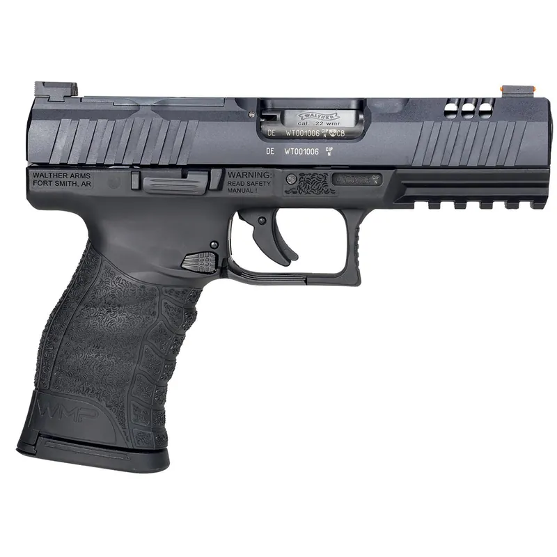Walther Arms 5220302 WMP Optic Ready 22 WMR 10+1 4.50" Stainless Steel Barrel, Black Optic Ready/Serrated Slide, Black Polymer Frame w/Picatinny Rail, Black Polymer Grip, Right Hand