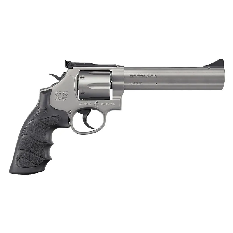 SAR USA SARSR38ST6 SAR SR 38 Special/357 Mag 6 Shot, 6" Stainless Steel Barrel, Cylinder & Frame w/Black Finger Groove Grip, Drop Safety/Hammer Block Safety, Exposed Hammer
