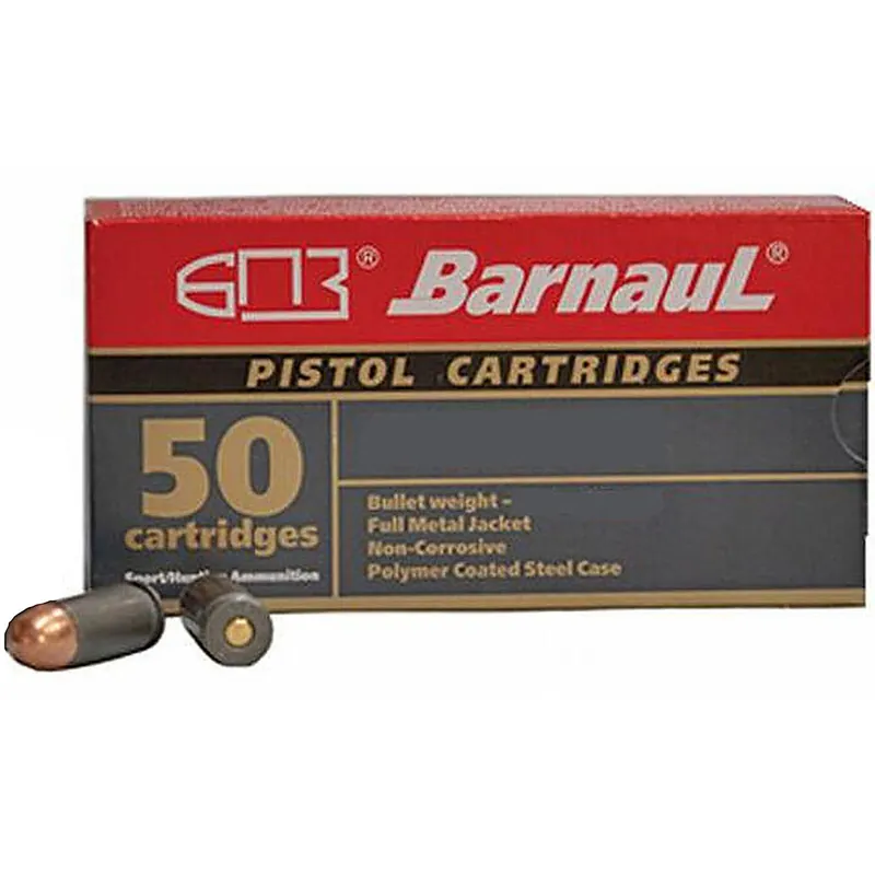 Barnaul Pistol Cartridges FMJ94 .380 ACP 94GR FMJ Polycoated Steel Cased Cartridges 50 Rounds