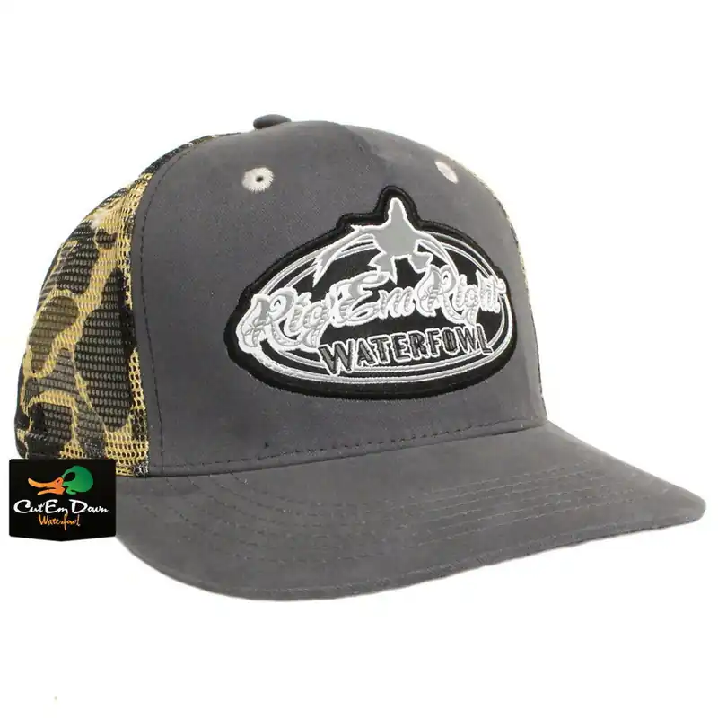 RIG‘EM RIGHT WATERFOWL GRAY TRUCKER HAT WITH VINTAGE CAMO MESH