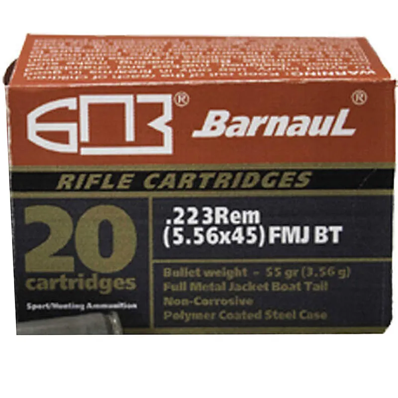 Barnaul .223 Remington FMJBT55 55GR Bi-Metal Jacket FMJ with Polycoated Steel Case 20 Rounds