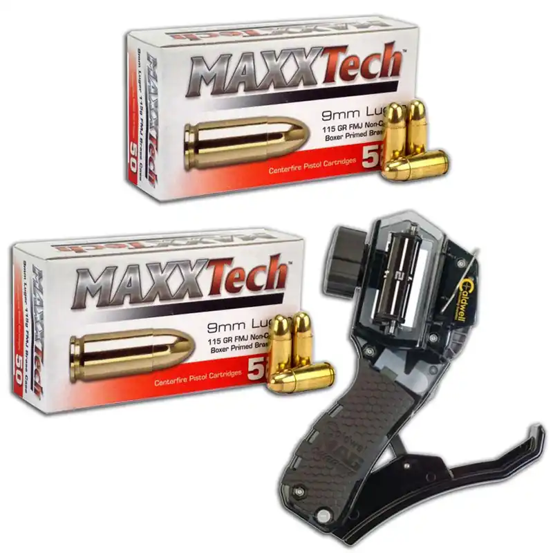 MAXXTech 9mm 115GR FMJ 100 Rounds with Caldwell Mag Charger Combo
