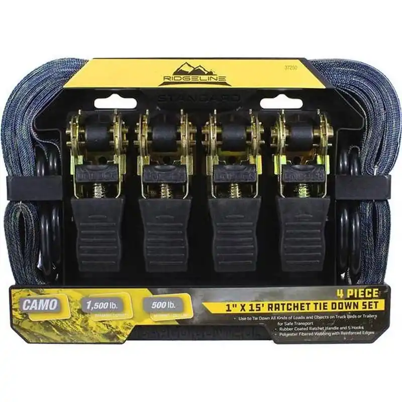 Focus On Tools 4 Piece 1"X15‘ Camouflage Ratchet Tie Down Set 37250